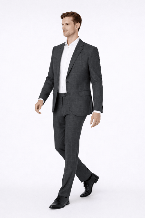 Man in modern fit Pak stretch ruit blauw walking, stylish two-piece suit with check pattern.