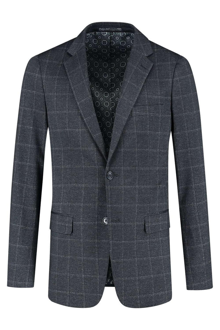 Pak stretch ruit blauw, modern tweedelig stretchpak met ruit in blauw, stijlvollle blazer.