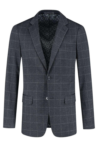 Pak stretch ruit blauw, modern tweedelig stretchpak met ruit in blauw, stijlvollle blazer.