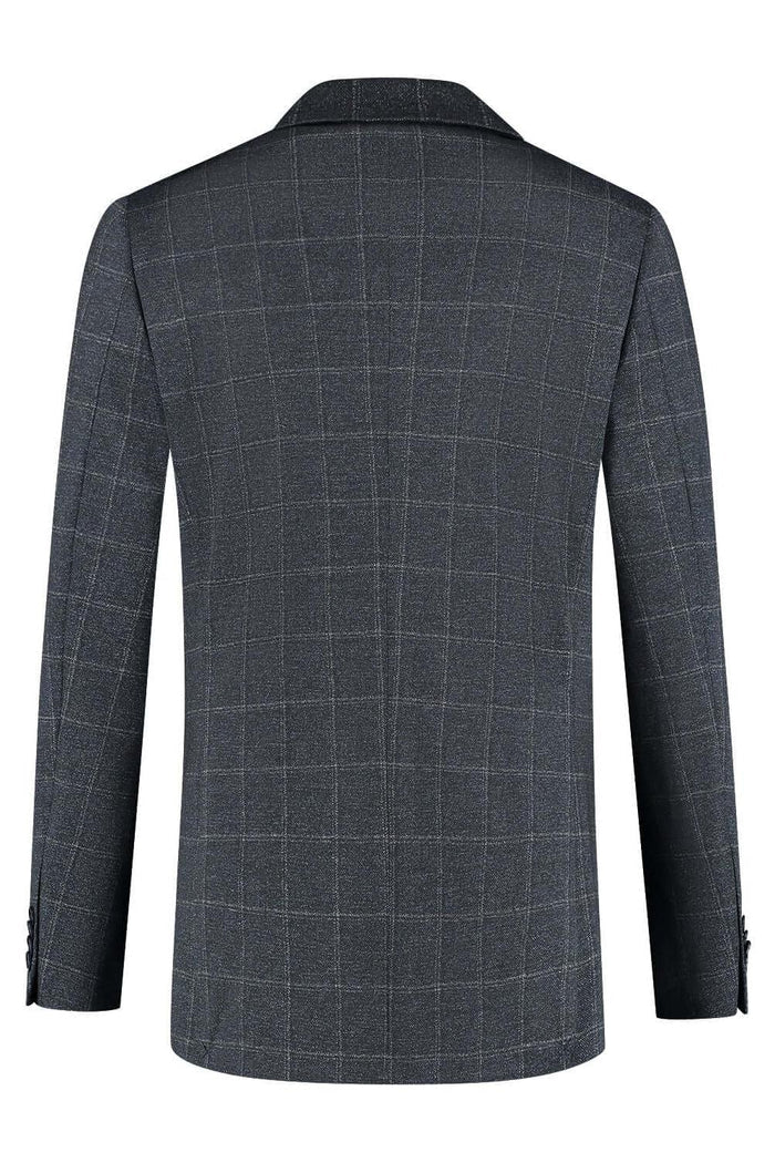 Pak stretch ruit blauw - Achteraanzicht van het tweedelige stretchpak met ruit in blauw, moderne pasvorm.