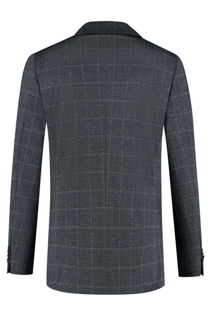 Pak stretch ruit blauw - Achteraanzicht van het tweedelige stretchpak met ruit in blauw, moderne pasvorm.