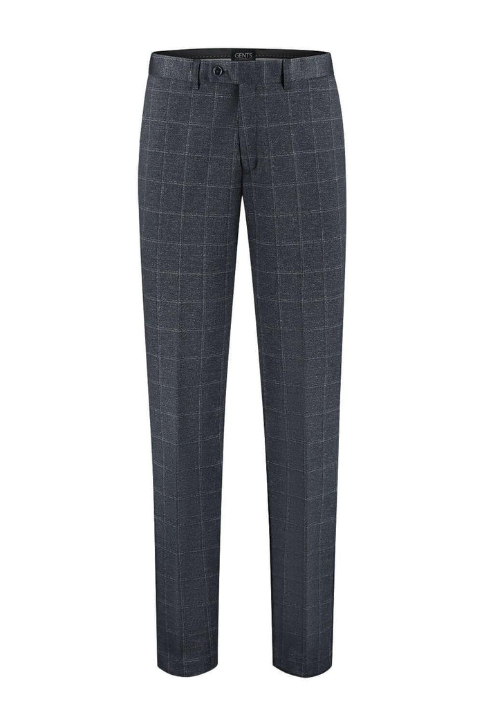 Pak stretch ruit blauw - moderne tweedelige stretchpak met ruitpatroon in blauw.