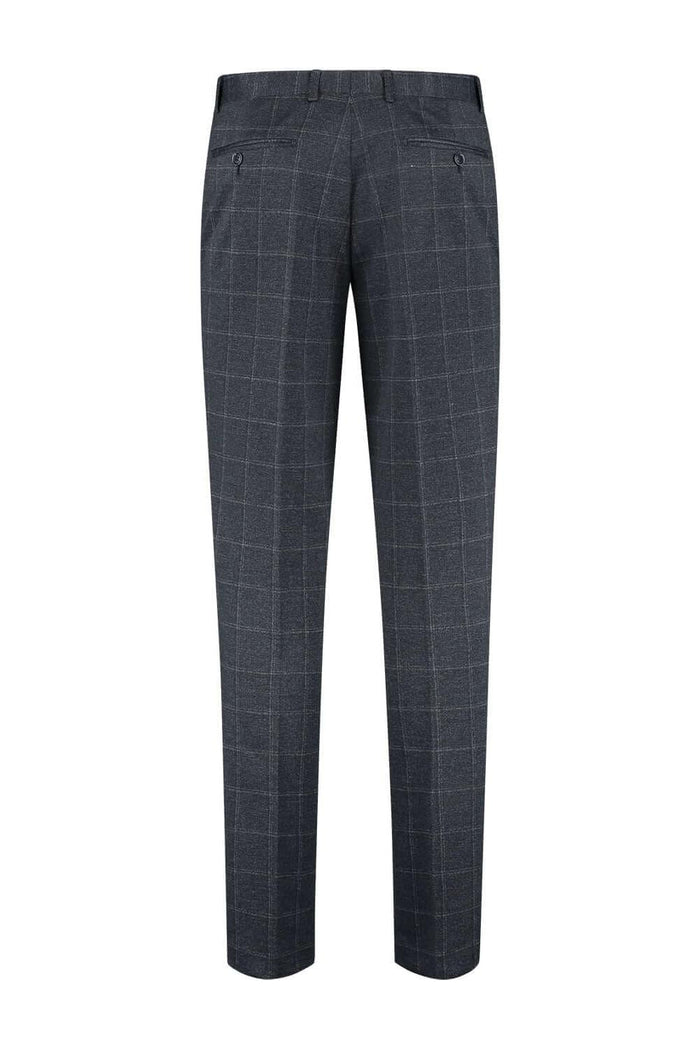 Pak stretch ruit blauw - moderne pasvorm broek met ruitpatroon in blauw en grijs, tweedelig design.