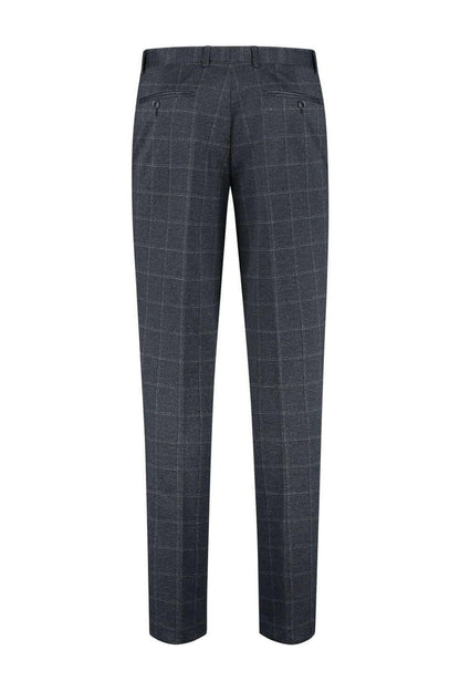Pak stretch ruit blauw - moderne pasvorm broek met ruitpatroon in blauw en grijs, tweedelig design.