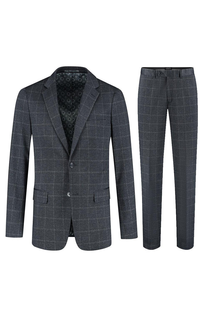 Pak stretch ruit blauw, tweedelig jasje en broek met moderne pasvorm en geruit design.