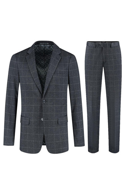 Pak stretch ruit blauw, tweedelig jasje en broek met moderne pasvorm en geruit design.