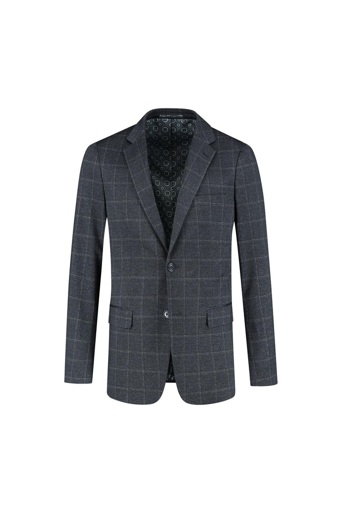 Pak stretch ruit blauw, moderne pasvorm, tweedelig stretchpak met ruit in blauw, stijlvolle blazer.
