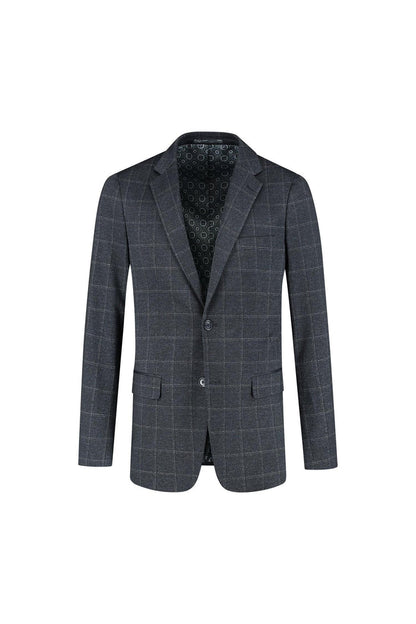Pak stretch ruit blauw, moderne pasvorm, tweedelig stretchpak met ruit in blauw, stijlvolle blazer.