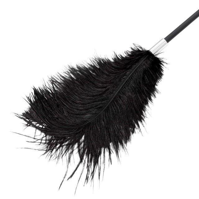 Paletă cu puf de gâdilat B-SERIES Fetish Feather Crop, pentru jocuri erotice BDSM, design cu dantelă, culoare negru