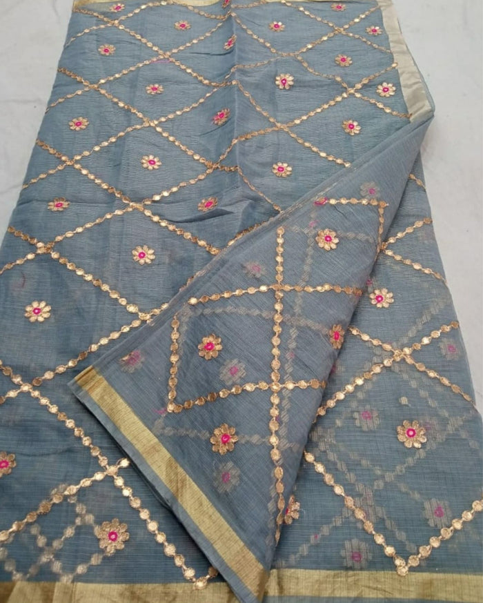 Indiehaat | Kota Cotton Gota Patti Gray Saree
