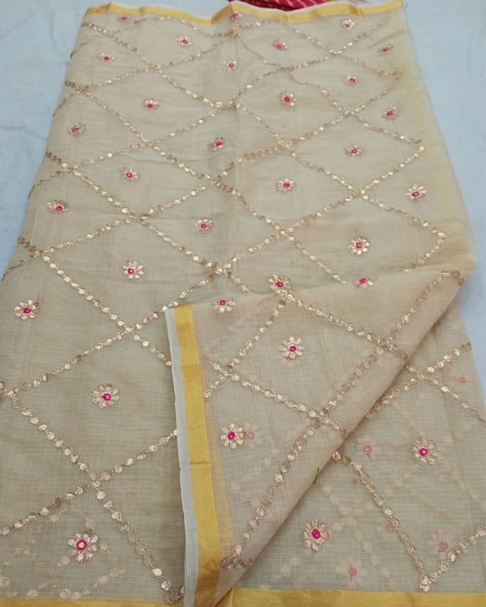 Indiehaat | Kota Cotton Gota Patti Off White Saree