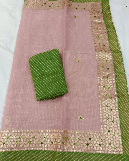 Indiehaat | Kota Cotton Jugnu Checks Gota Patti Pink Saree