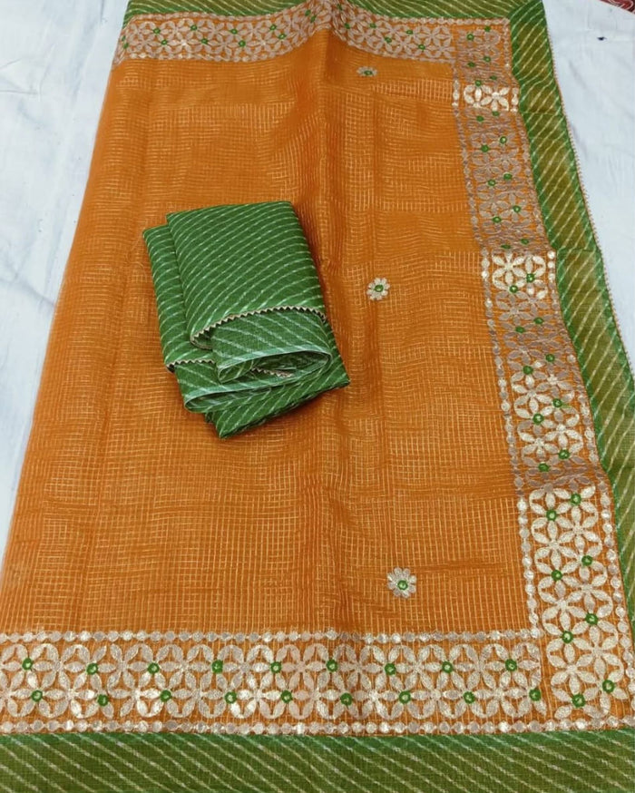 Indiehaat | Kota Cotton Jugnu Checks Gota Patti Orange Saree