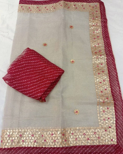 Indiehaat | Kota Cotton Jugnu Checks Gota Patti White Saree