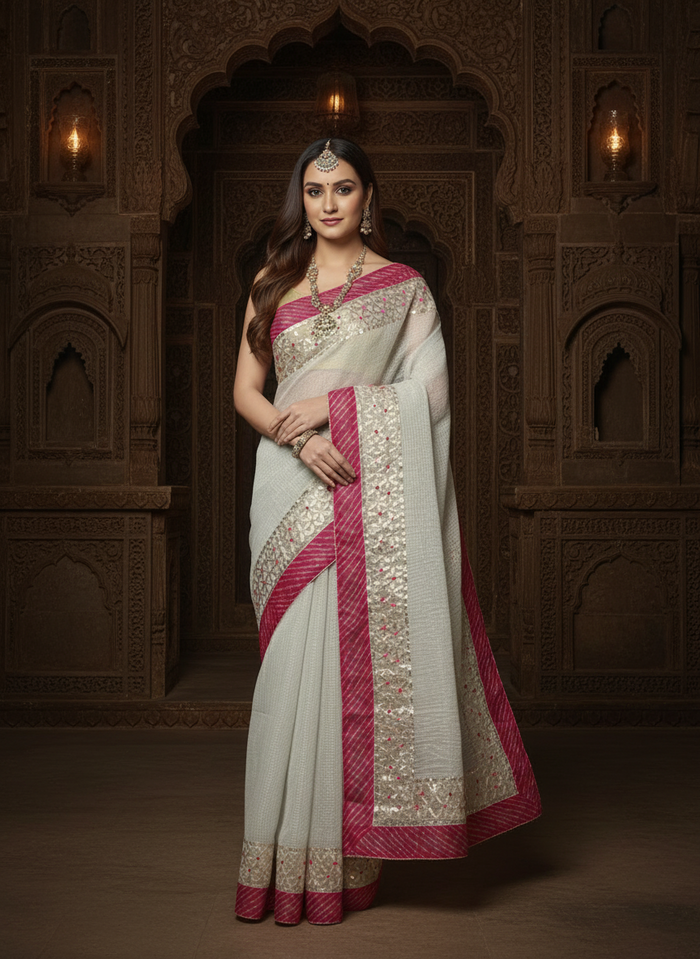 Pankhudi Jugnu Checks Gota Patti Pale Gray Saree