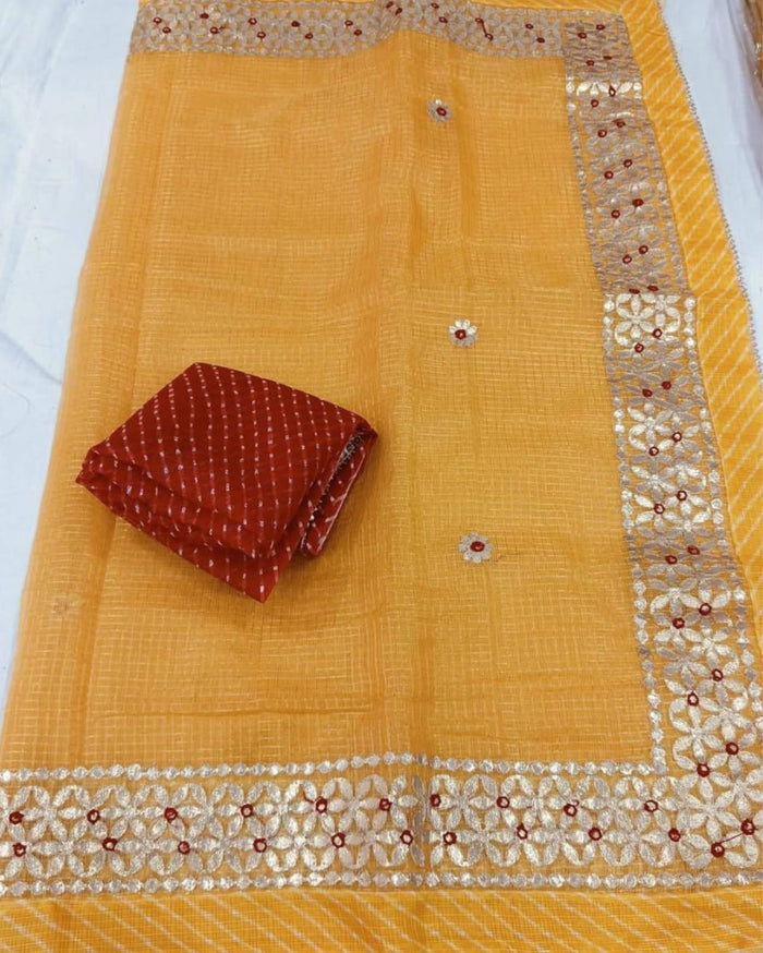 Indiehaat | Kota Cotton Jugnu Checks Gota Patti Yellow Saree