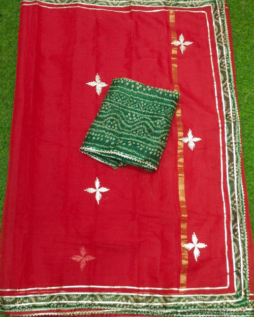 Indiehaat | Kacchi Gota Patti Kota Cotton Red Saree