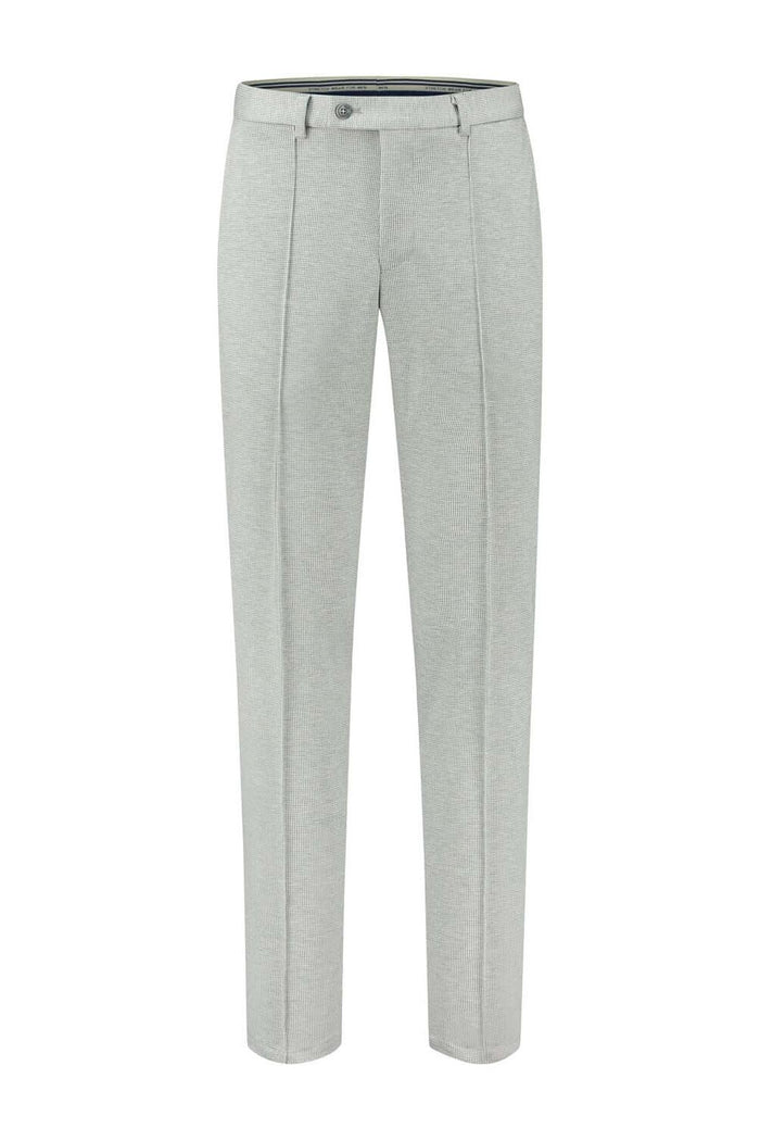 Pantalon jersey grijs. Grijze broek met strakke plooien en nette afwerking.