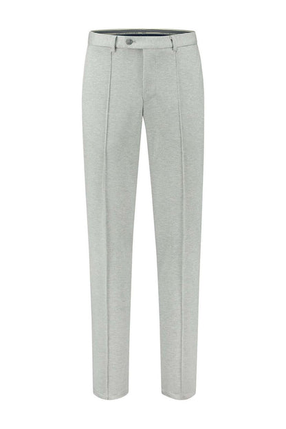Pantalon jersey grijs. Grijze broek met strakke plooien en nette afwerking.
