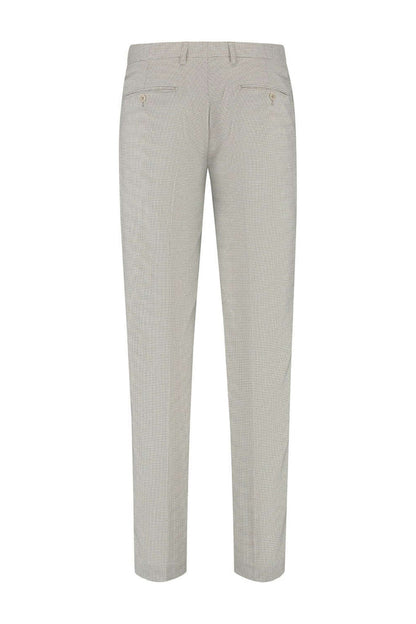 Pantalon pied-de-poule beige met kenmerkende structuur en kwaliteit.