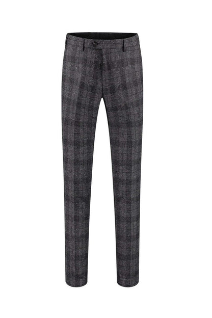 Pantalon ruit grijs met riemlussen en steekzakken, perfect voor casual en formele outfits.