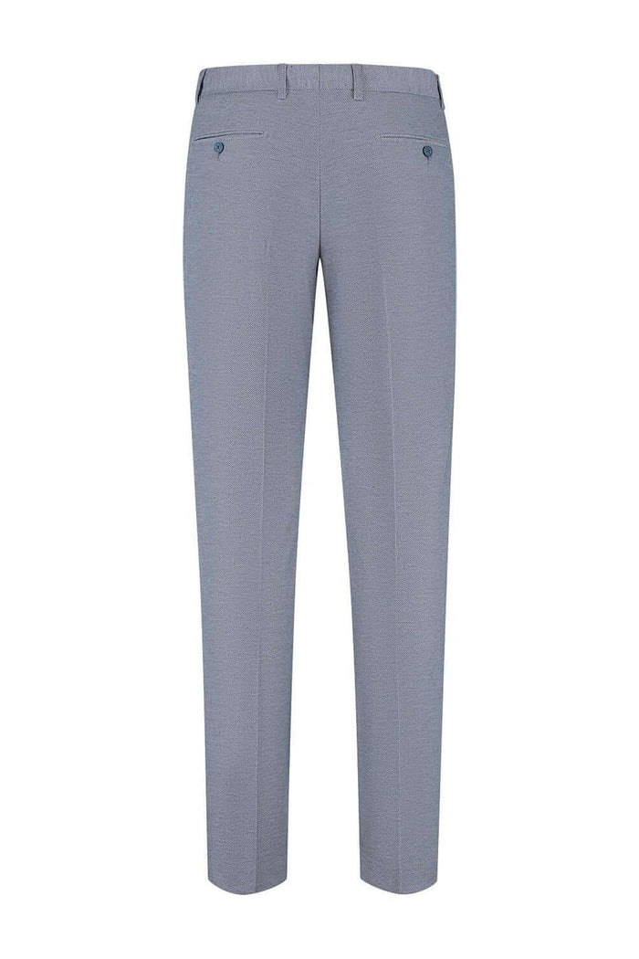 Pak stretch blauwgrijs 2-delig gesofistikeerde stijlvolle broek in lichtblauwe en grijze tinten.