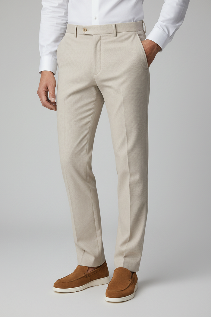 Pantalon stretch pique zand in zandkleur met stretch voor daglang comfort.
