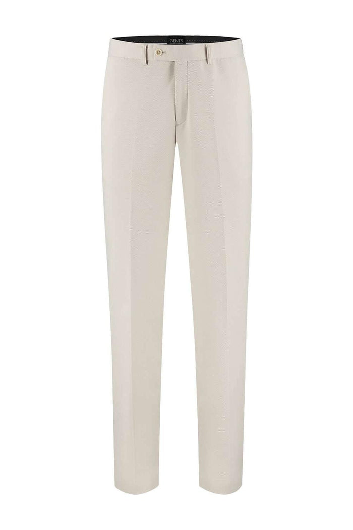 Pantalon stretch pique zand in zandkleur, biedt daglang comfort en stijl voor elke gelegenheid.