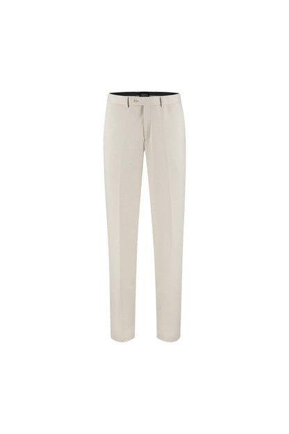 Pantalon stretch pique zand in zandkleur, biedt daglang comfort met stijlvolle pasvorm.