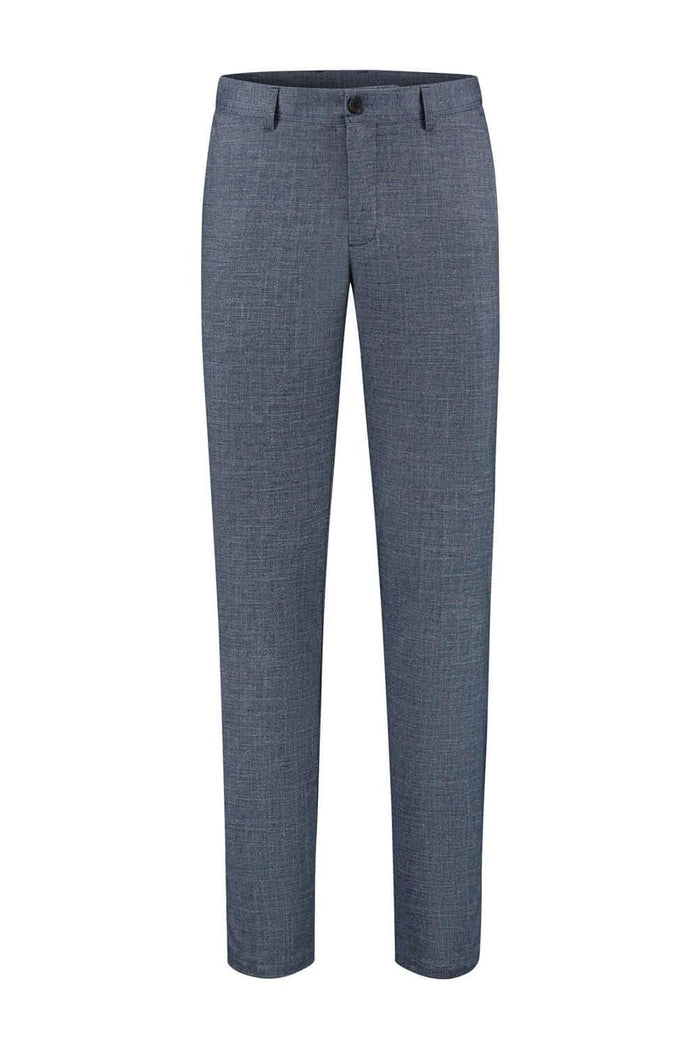 Pantalon uni melange blauw slim-fit kreukarme broek in blauw-melange met flat-front en riemlussen