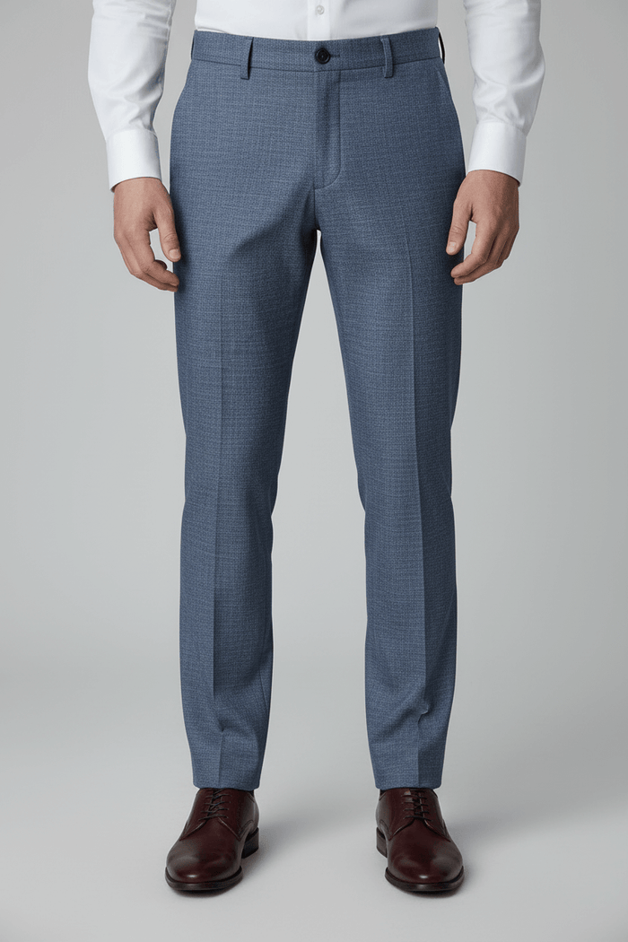 Pantalon uni melange blauw, slim-fit kreukarme broek in blauw-melange met flat-front en riemlussen.