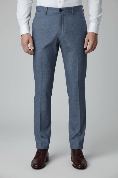 Pantalon uni melange blauw, slim-fit kreukarme broek in blauw-melange met flat-front en riemlussen.