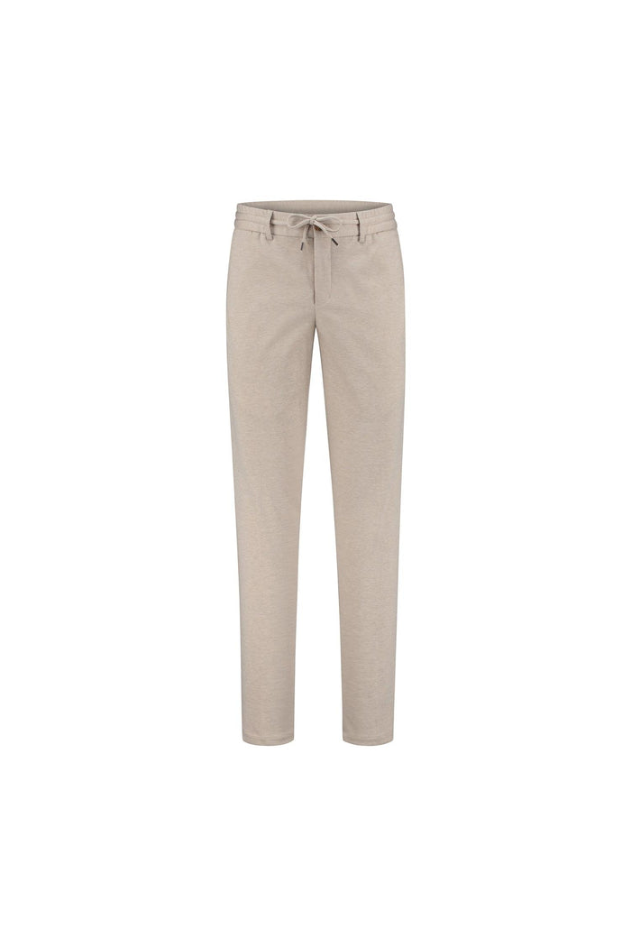 Pantalon uni stretch zand, zandkleurige slim-fit broek met stretch, perfect als basisstuk
