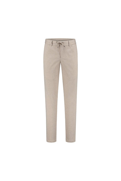 Pantalon uni stretch zand, zandkleurige slim-fit broek met stretch, perfect als basisstuk