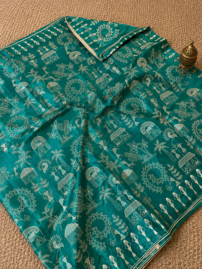 Indiehaat | Silkmark Certified Tussar Silk Embroidered Saree Green