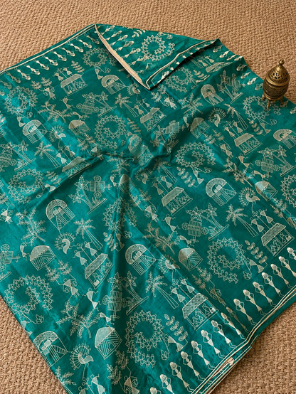 Indiehaat | Silkmark Certified Tussar Silk Embroidered Saree Green