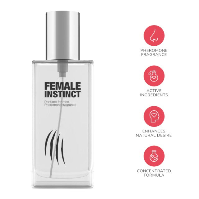Parfum cu feromoni pentru bărbați FEMALE INSTINCT, cu note de citrice, trandafir și mușchi de ștejar, negru, 30 ml