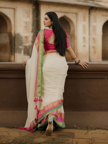 Indiehaat | Pure Mul Cotton Handloom Saree White