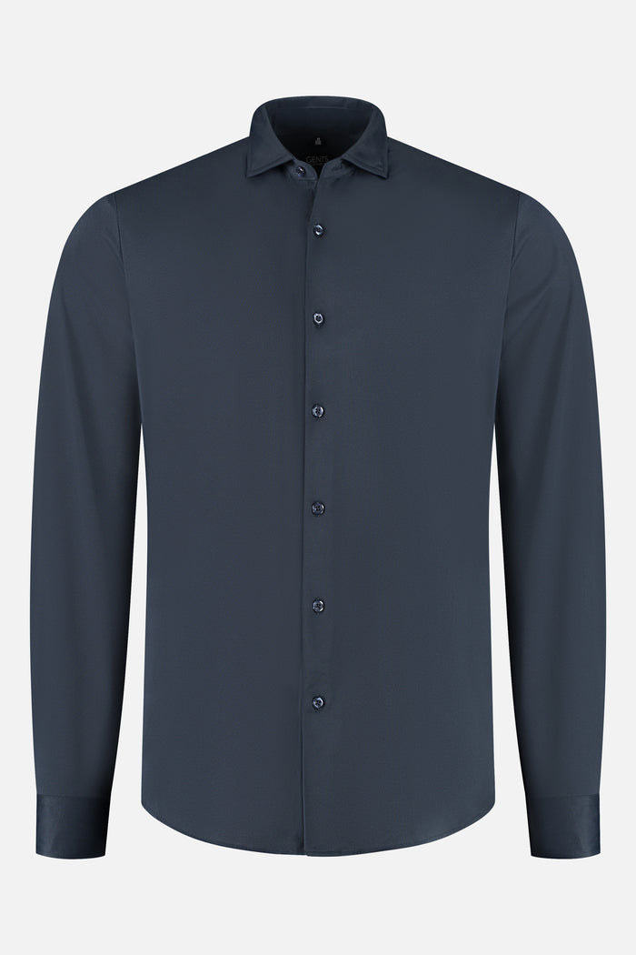 Pique structure stretch navy shirt shown in a front view with long sleeves and button closure.