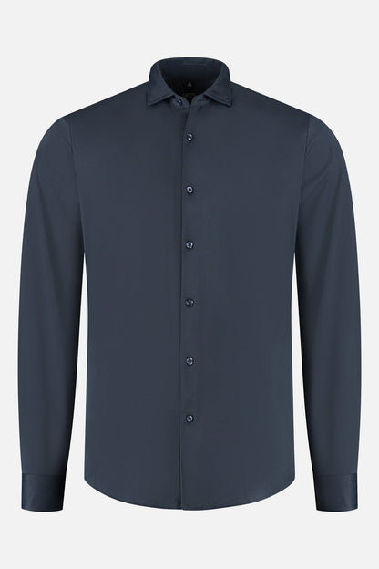 Pique structure stretch navy shirt shown in a front view with long sleeves and button closure.