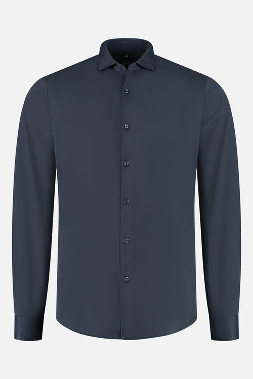 Pique structure stretch navy shirt shown in a front view with long sleeves and button closure.