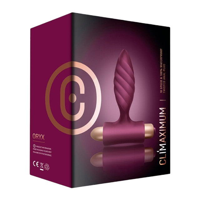 Plug anal CLIMAXIMUM Oryx, bază cu vibrator bullet, 10 funcții de vibrații, diametru 3 cm, rezistent la apă IPX7, mov