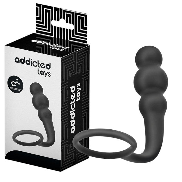 Plug anal cu inel pentru penis ADDICTED TOYS Anal Plug with Ring Model 1, diametre 2.4 - 3 cm, din silicon, negru