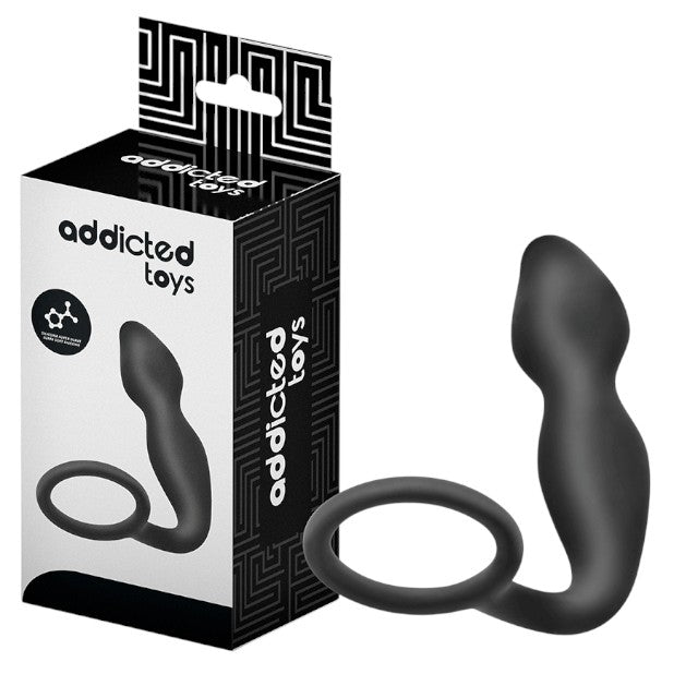 Plug anal cu inel pentru penis ADDICTED TOYS Anal Plug with Ring Model 2, diametre 2.7 - 3 cm, din silicon, negru
