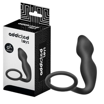 Plug anal cu inel pentru penis ADDICTED TOYS Anal Plug with Ring Model 2, diametre 2.7 - 3 cm, din silicon, negru