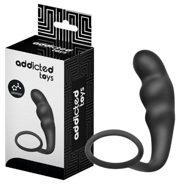 Plug anal cu inel pentru penis ADDICTED TOYS Anal Plug with Ring Model 4, diametre 2.7 - 3.2 cm, din silicon, negru
