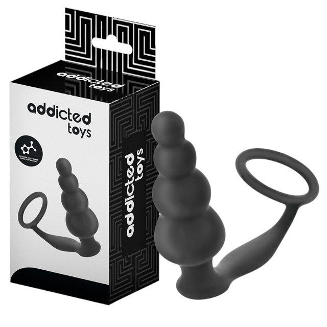 Plug anal cu inel pentru penis ADDICTED TOYS Anal Plug with Ring Model 5, diametre 1.6 - 3.5 cm, din silicon, negru