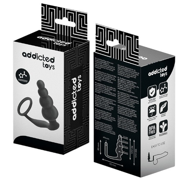 Plug anal cu inel pentru penis ADDICTED TOYS Anal Plug with Ring Model 5, diametre 1.6 - 3.5 cm, din silicon, negru