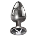 Plug anal PLAYBOY Tux - Large, din aluminiu, bază cu logo Playboy, lungime 9.5 cm, diametru 3.9 cm (mărime L), argintiu