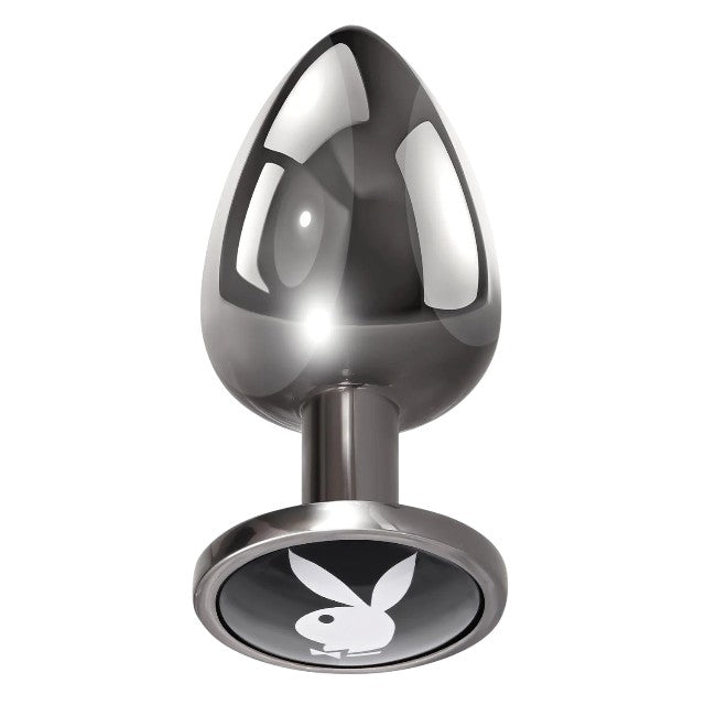 Plug anal PLAYBOY Tux - Large, din aluminiu, bază cu logo Playboy, lungime 9.5 cm, diametru 3.9 cm (mărime L), argintiu
